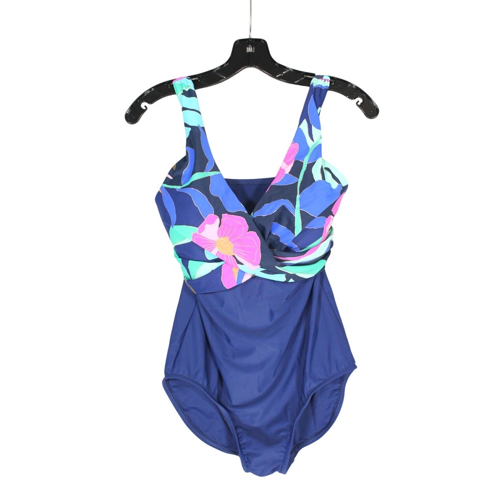 MAXINE OF HOLLYWOOD Padded DRAPED V-NECK Blue TROPICAL One-Piece SWIMSUIT Sz 8
